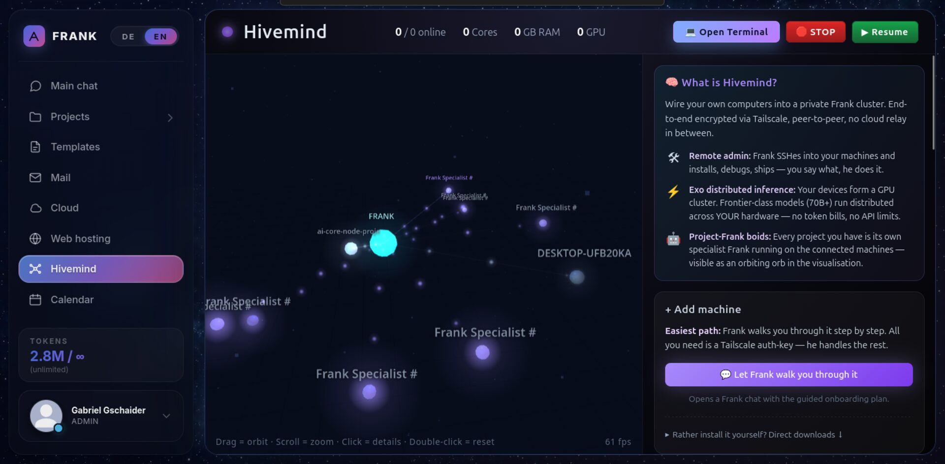 Frank.ink Hivemind visualizer — agent orbs around a central Frank, with connected user machines.